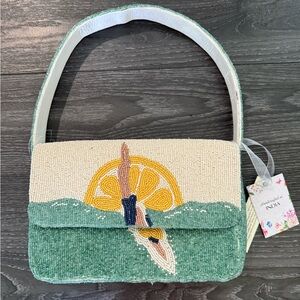 NWT Viral Handcrafted Lemon/Swimmer Beaded Green and Cream Bag